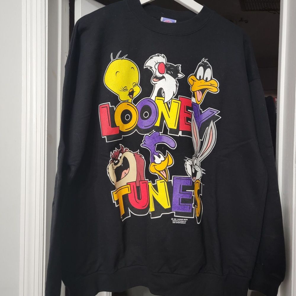 Vintage 90s Looney Tunes Sweatshirt Warner Bros 1993 Black Crewneck Large